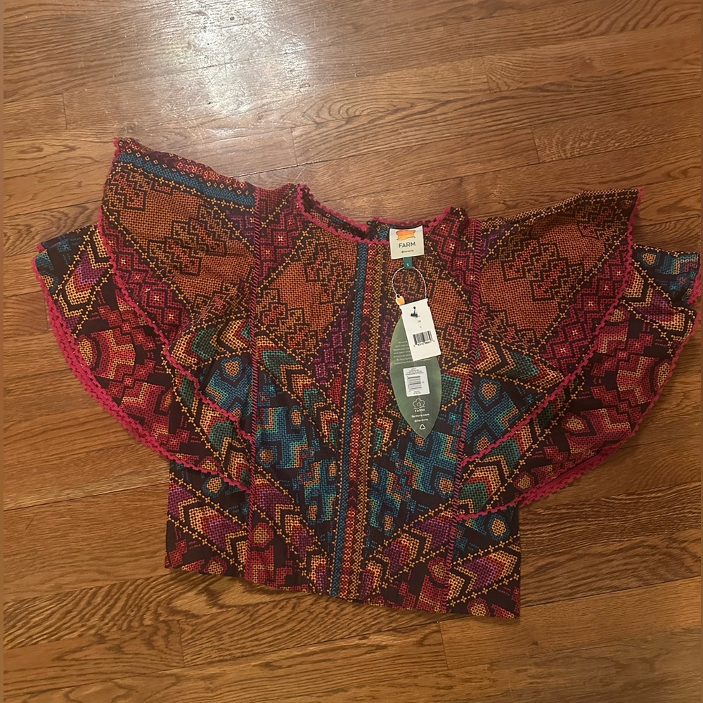 Farm Rio Yawanawa Stripes Blouse: Colorful Geometric Patterned Women's Top NWT - Picture 4 of 7